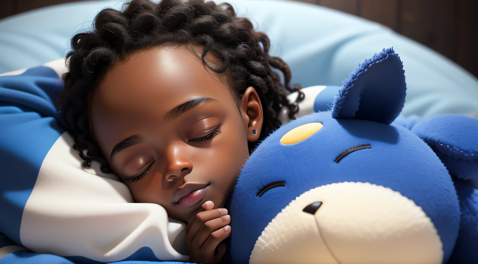 Black newborn sleeping, Blue and white jumpsuit, He's hugging a stuffed animal, ambiente acolhedor, Highly detailed, high-resolution image