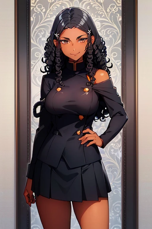 ((black woman with very dark brown skin)), ((curly hair)), medium hair, ((black hair)), ((hair without bangs)), ((shoulder length hair)), dark brown eyes , ((sweet smile)), cute, mysterious smile, ((medium breasts)), ((black power hair)), medium glutes, ((gakuran with orange details)), ((skirt)), pretty skirt, gakuran, standing, best quality, masterpiece, beautiful