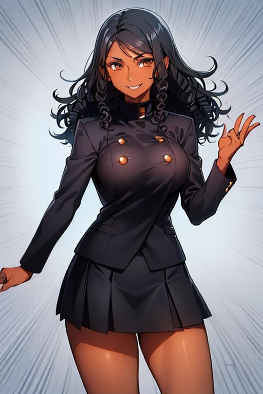 ((black woman with very dark brown skin)), ((curly hair)), medium hair, ((black hair)), ((hair without bangs)), ((shoulder length hair)), dark brown eyes , ((sweet smile)), cute, mysterious smile, ((medium breasts)), ((black power hair)), medium glutes, ((gakuran with orange details)), ((skirt)), pretty skirt, gakuran, standing, best quality, masterpiece, beautiful