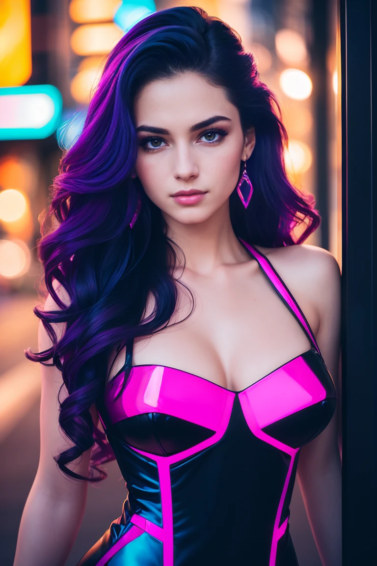 amoled ultra realistic photograph of a 25 years old european girl, RAW, beautiful woman, (extra long wavy black hair), ((portrait)), ((detailed face:1.2)), ((detailed facial features)), (finely detailed skin), pale skin, (high detailed deep cleavage cyberpunk steel dress), black background, (cold colors), damp, moist, reflections, (masterpiece) (perfect proportion)(realistic photo),(best quality), (detailed), (strong amoled magenta and blue neon lighting), (sharp focus) (intricate)