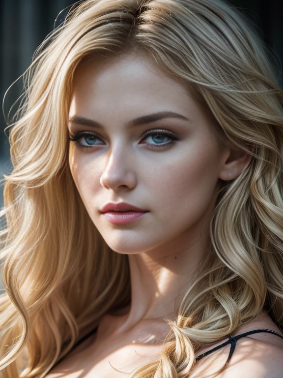 ((half body)) portrait photo of a beautiful 25 years european woman, (extra long (((curly)))) blonde hair), [[[[chest]]]] [[[[neck]]] [shoulders]]]]], Award - winning photograph, Masterpiece, 8k, ultra high res, hyper detailed, beautiful woman, perfect face, rule of thirds, Realistic Perfect eyes and pupils, Perfect full lips, upturned nose, highly detailed shining hair, ((detailed face)), ((detailed facial features)), (finely detailed skin), pale skin, skin pores, skin blemishes, realistic skin texture, intricate details, photorealism, hyperrealism, ultra realistic, lifelike textures, neutral colors, cinematic lighting, dramatic lighting, backlight on hair, sharp focus, wide angle, film grain, dslr, raw photo,