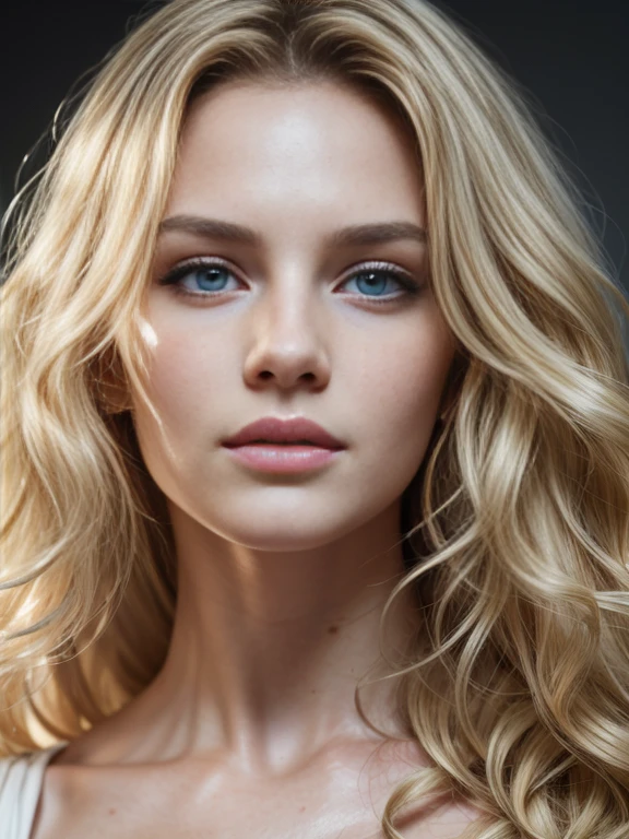 ((half body)) portrait photo of a beautiful 25 years european woman, (extra long (((curly)))) blonde hair), [[[[chest]]]] [[[[neck]]] [shoulders]]]]], Award - winning photograph, Masterpiece, 8k, ultra high res, hyper detailed, beautiful woman, perfect face, rule of thirds, Realistic Perfect eyes and pupils, Perfect full lips, upturned nose, highly detailed shining hair, ((detailed face)), ((detailed facial features)), (finely detailed skin), pale skin, skin pores, skin blemishes, realistic skin texture, intricate details, photorealism, hyperrealism, ultra realistic, lifelike textures, neutral colors, cinematic lighting, dramatic lighting, backlight on hair, sharp focus, wide angle, film grain, dslr, raw photo,