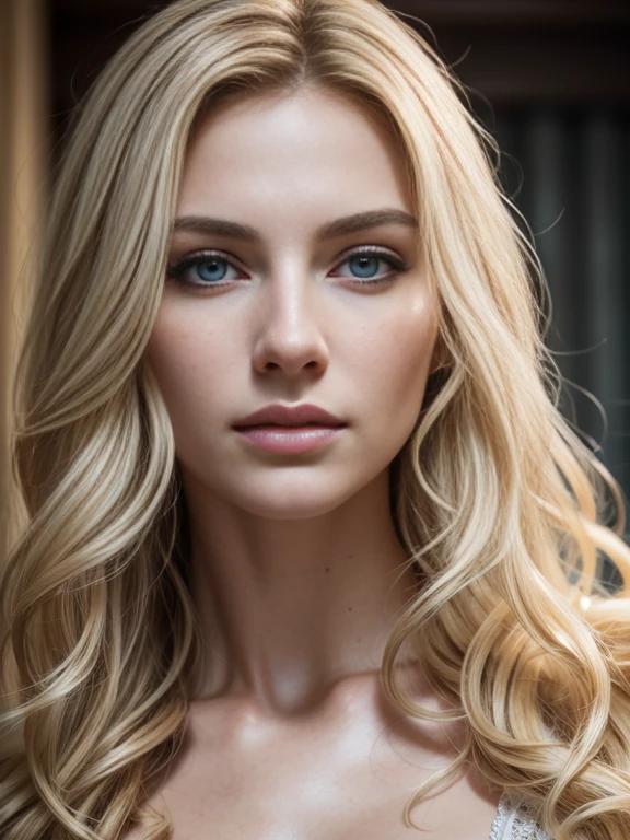 ((half body)) portrait photo of a beautiful 25 years european woman, (extra long (((curly)))) blonde hair), [[[[chest]]]] [[[[neck]]] [shoulders]]]]], Award - winning photograph, Masterpiece, 8k, ultra high res, hyper detailed, beautiful woman, perfect face, rule of thirds, Realistic Perfect eyes and pupils, Perfect full lips, upturned nose, highly detailed shining hair, ((detailed face)), ((detailed facial features)), (finely detailed skin), pale skin, skin pores, skin blemishes, realistic skin texture, intricate details, photorealism, hyperrealism, ultra realistic, lifelike textures, neutral colors, cinematic lighting, dramatic lighting, backlight on hair, sharp focus, wide angle, film grain, dslr, raw photo,