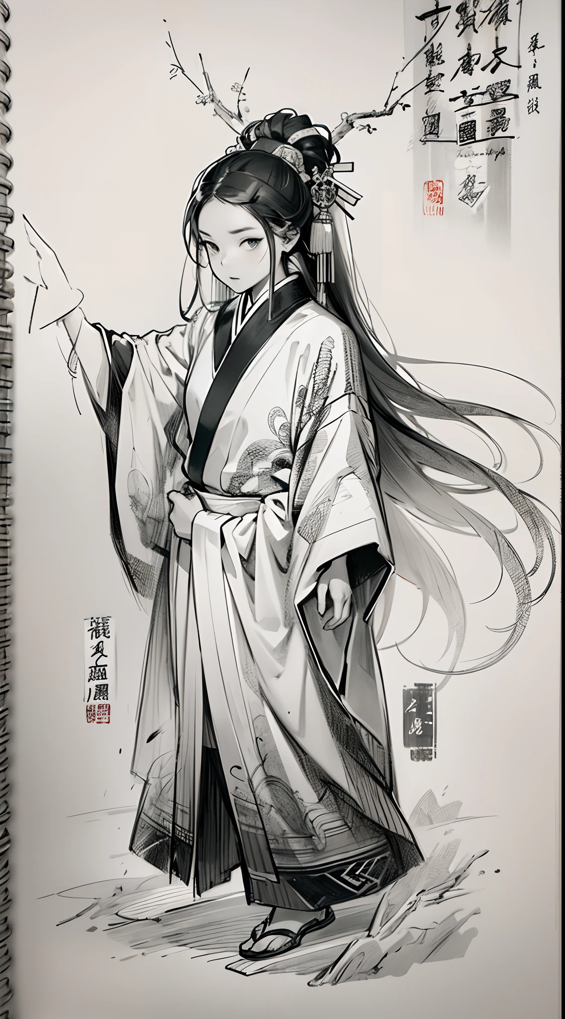 Sketch intensification,pencil drawing,Pencil strokes are strengthened,Biochemical mech,Thick limbs,Full body like,Chinese ancient style,Wide robe,Black and white picture,Black and white art,Black and white illustration,super-fine,Hair is carefully described,The eyes are carefully depicted,best qualtiy,8K分辨率