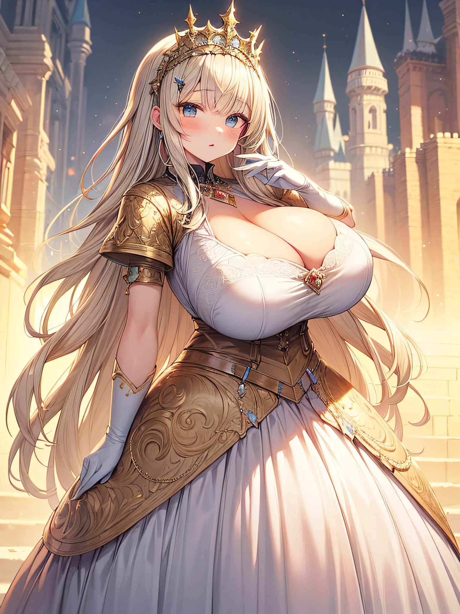 anime artstyle,Masterpiece,(Best Quality), (Super Detail),(Very Delicate and Beautiful),(Solo),((full body portrait)),full body,full body portrait,(detailed face and eyes),jewel-like beautiful eyes,((1 princess in a beautiful embroidery and jeweled rococo princess ballgown with jeweled voluminous full length hoop skirt)),((fantasy castle,outdoors,outside the castle)),((Crinoline,Long Train)),super detailed gorgeous princess ballgown with voluminous full length hoop skirt,gorgeous rococo princess ballgown with beautiful embroidery and jeweled,((large amount of straight hair,extremely voluminous Very Long straight Hair,Absolutely Long Straight Hair)),(((very gigantic boobs,cleavage))),long_gloves,extremely gorgeousfull hair ornament,bling-bling extremely gorgeousfull jeweled tiara,luxurious jewelry,full body portrait