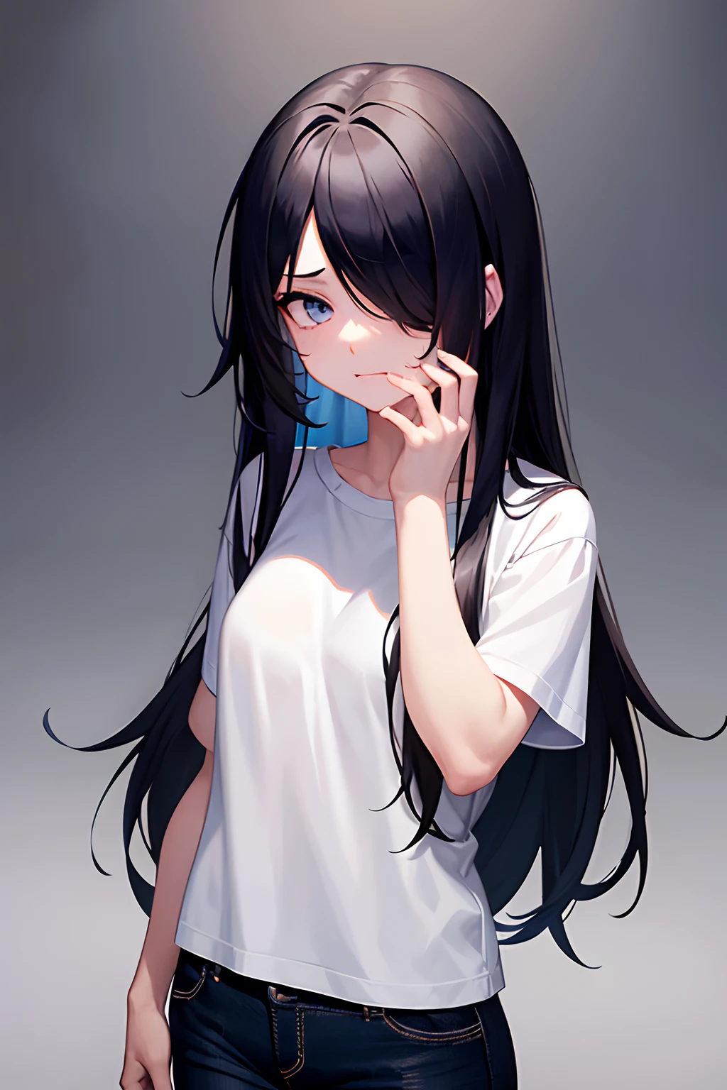 A girl stands in a classroom wearing a white t-shirt and long black denim pants. She has her hands on her face and has hair over one eye. Her hair is straight black and long. Her eyes are blue. She has a shaded face and a nervous expression with a complexion that makes it appear she has been crying, reddened face, blue eyes, black  pants, black hair