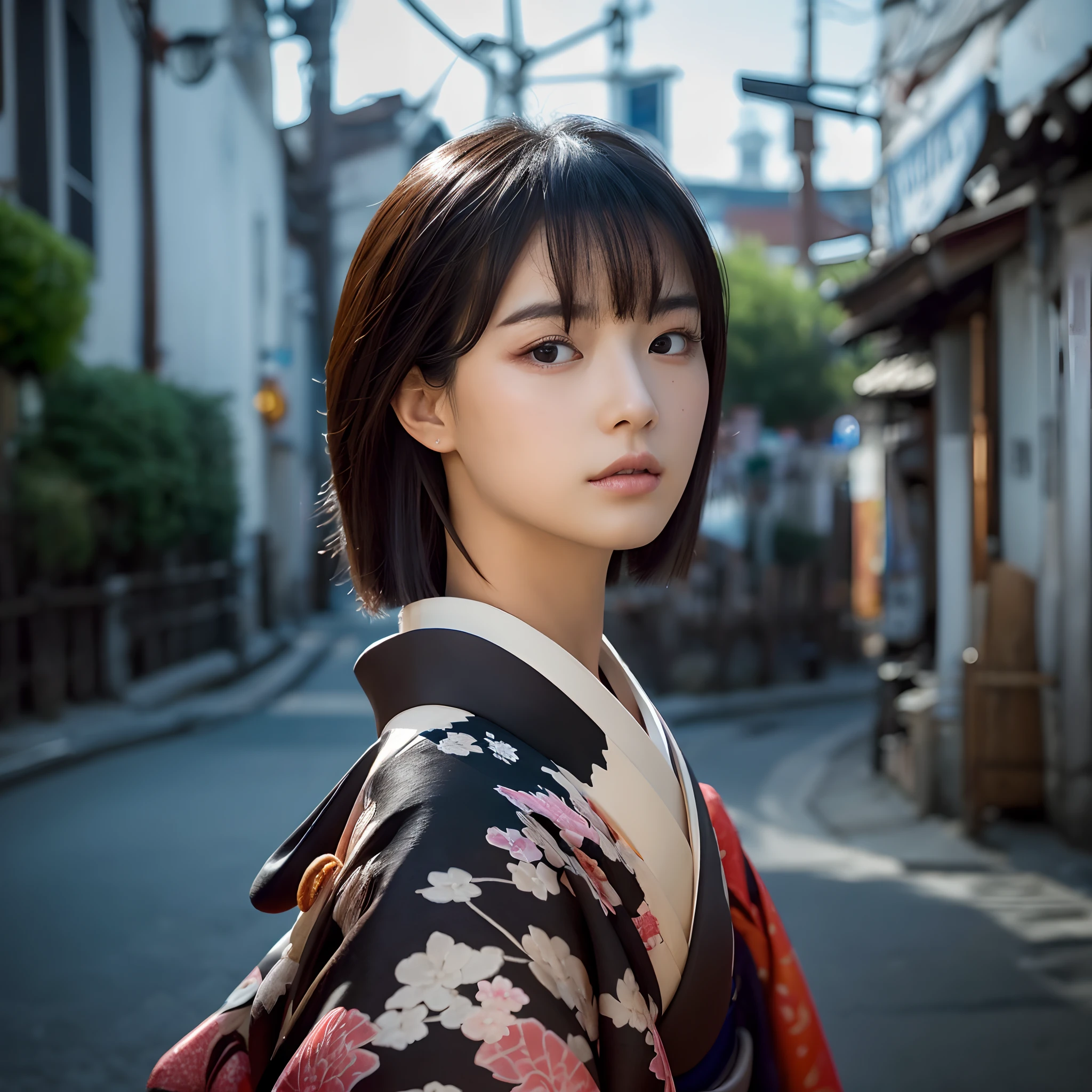 ((top-quality、8K、masterpiece:1.3))、((Glossy kimono:1.3))、focus:1.2、perfectbodybeauty:1.4、s ass:1.2、(Layered Haircut:1.2))、(Dark Street:1.3)、Highly detailed facial and skin texture、full bodyesbian、Delicat eyes、二重まぶた、Whitened skin、long blonde hair、(Inverted triangular face:1.3)