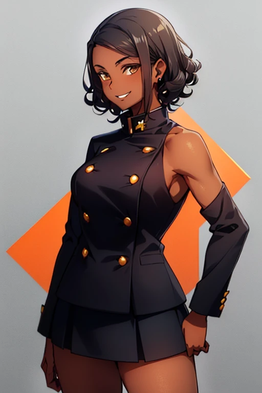 ((black woman with very dark brown skin)), ((curly hair)), medium hair, ((black hair)), ((hair without bangs)), ((shoulder length hair)), dark brown eyes , ((sweet smile)), cute, mysterious smile, ((medium breasts)), ((black power hair)), medium glutes, ((gakuran with orange details)), ((skirt)), pretty skirt, gakuran, standing, best quality, masterpiece, beautiful