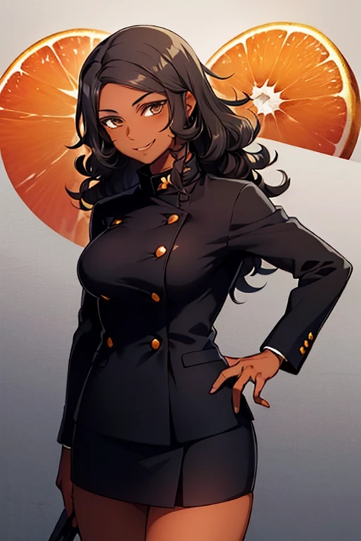 ((black woman with very dark brown skin)), ((curly hair)), medium hair, ((black hair)), ((hair without bangs)), ((shoulder length hair)), dark brown eyes , ((sweet smile)), cute, mysterious smile, ((medium breasts)), ((black power hair)), medium glutes, ((gakuran with orange details)), ((skirt)), pretty skirt, gakuran, standing, best quality, masterpiece, beautiful