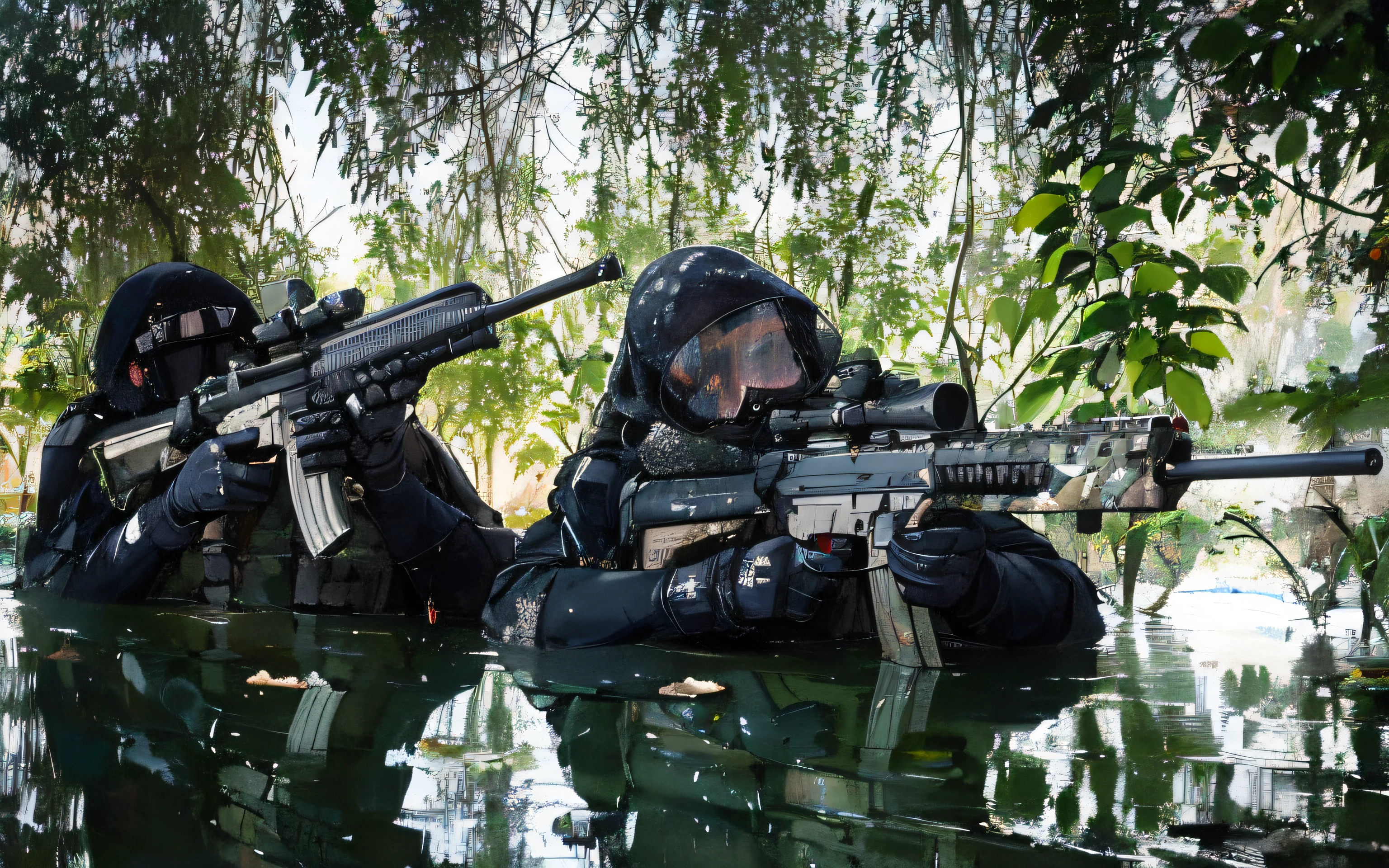 there are two people in full body armor with guns in the water, french special ops, of a sniper girl in war, military photography, airsoft close quarter combat, underwater combat scene, airsoft cqb, resting after a hard mission, combat photography, scifi gadgets in a pond, softair center landscape, camouflaged gear, afp, sniper, realistic soldiers