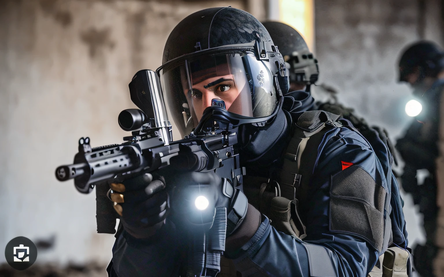 there is a man in a helmet and a helmet holding a gun, french special ops, airsoft cqb, swat, action scene from the film, special forces security, swat helmet, reddit post, wearing tactical gear, tactical gear, action movie still, headshot, special forces, movie action still frame, mid - shot, tactical armor, mid-shot
