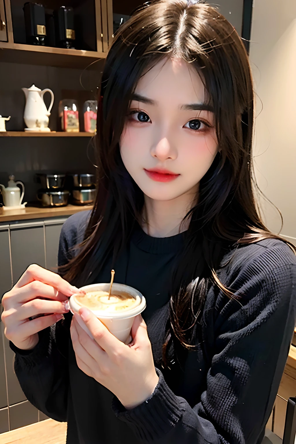 超A high resolution、masterpiece、top-quality、selphie、Instagramer、
extra detailed face、A detailed eye、Very complex and、perfect glossy shiny skins、Perfect litthing、Detailed Lighting、Dramatic shadows、光线追踪、
1 girl in、The upper part of the body、Black sweater、(Shy smile:0.4)、Dynamic Poses、coffee shop