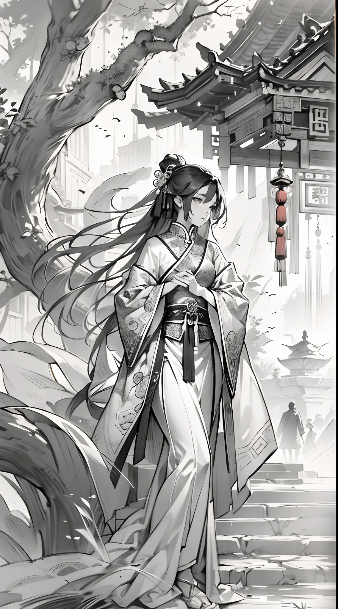 Sketch reinforcement,pencil drawing,Intensify pencil strokes,Fox-eared maiden,Pavilions,Fairy air fluttering,Chinese ancient style,Wide robe,Black and white picture,Black and white art,Black and white illustration,super-fine,Hair is carefully described,The eyes are carefully depicted,best qualtiy,8K分辨率