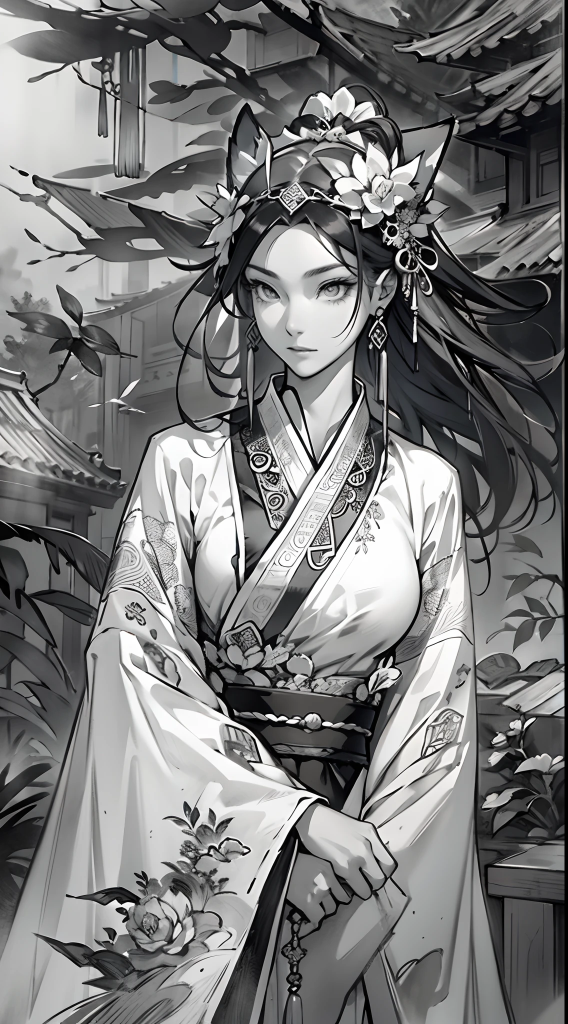 Sketch reinforcement，pencil drawing，Intensify pencil strokes，Fox-eared maiden，Pavilions，Fairy air fluttering，Chinese ancient style，Wide robe，Black and white picture，Black and white art，Black and white illustration，super-fine，Hair is carefully described，The eyes are carefully depicted，best qualtiy，8K分辨率