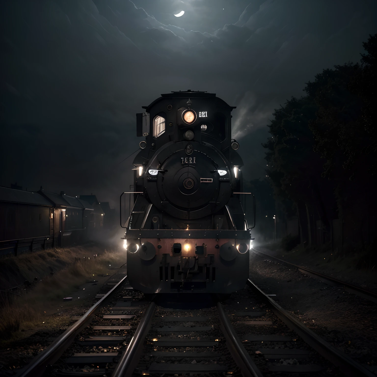 (best quality, highres:1.2), (hdr), (ultra-detailed), (realistic:1.37), a ghost train passing through the night under the full moon, eerie atmosphere, misty surroundings, moonlit tracks, hauntingly detailed locomotive and carriages, spectral lights, ghostly figures, surreal moonlight, hauntingly beautiful shadows, mysterious and ethereal.
