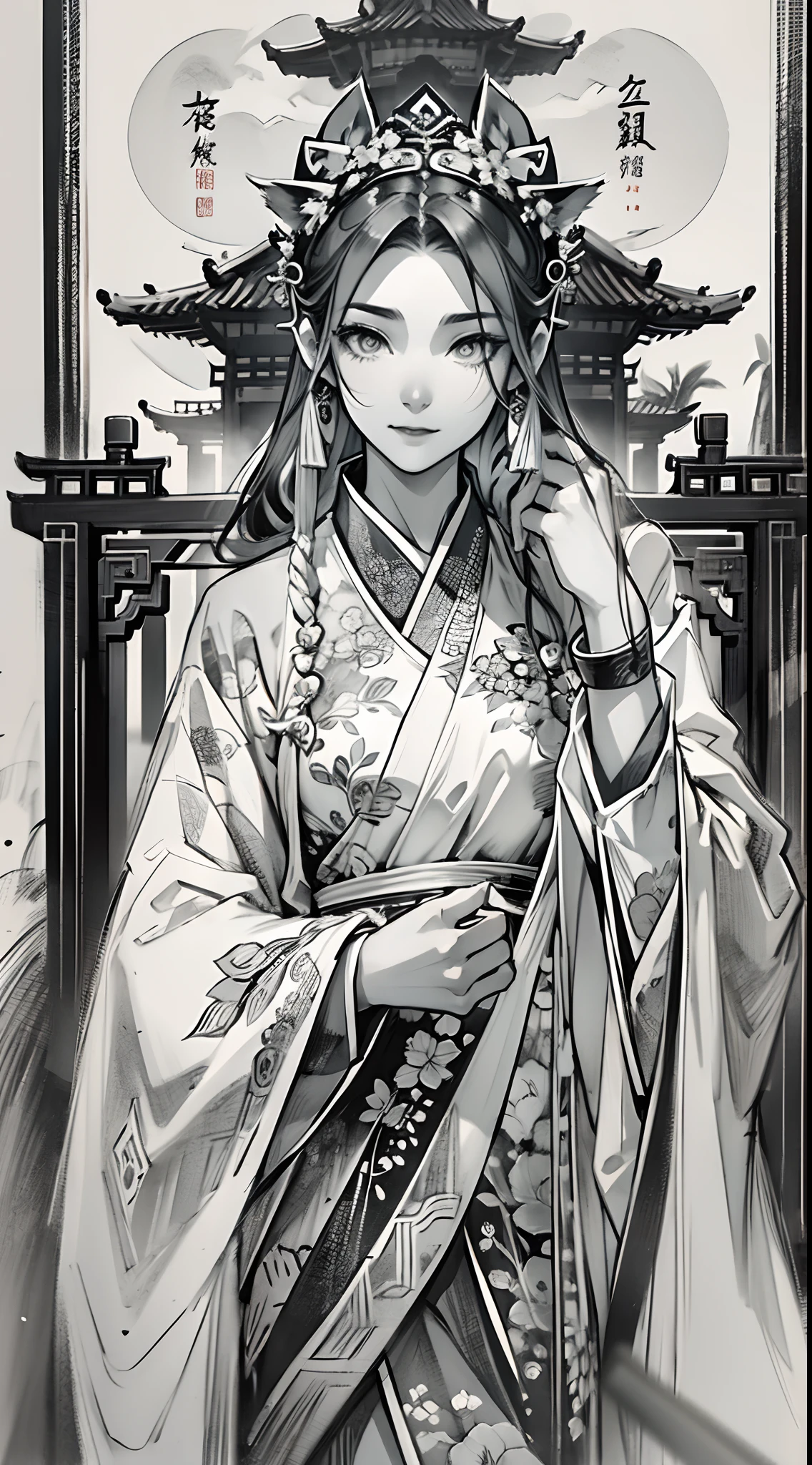 Sketch reinforcement，pencil drawing，Intensify pencil strokes，Fox-eared maiden，Pavilions，Fairy air fluttering，Chinese ancient style，Wide robe，Black and white picture，Black and white art，Black and white illustration，super-fine，Hair is carefully described，The eyes are carefully depicted，best qualtiy，8K分辨率