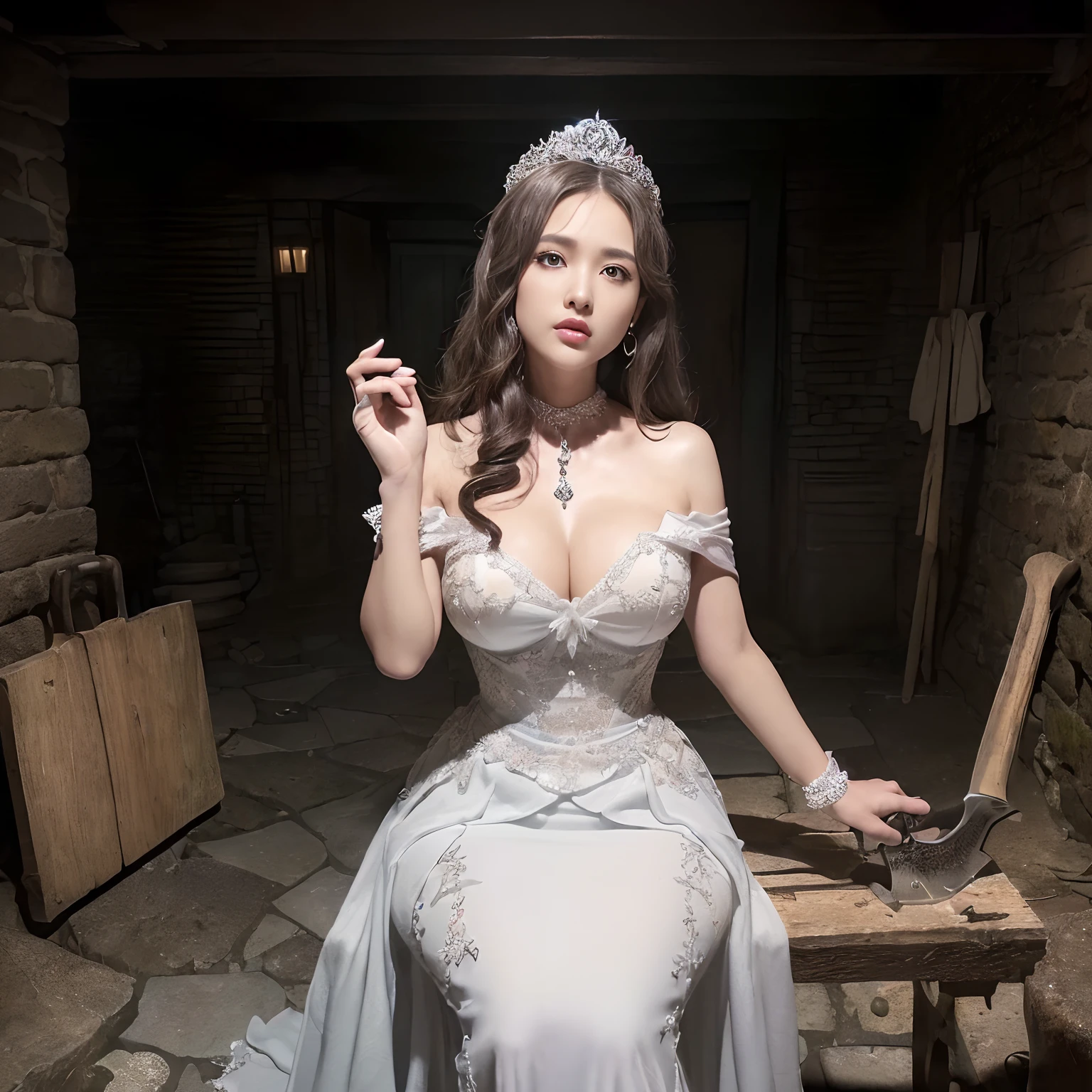((top-quality、masutepiece、8K、Top image quality、Very complex and detailed details))、((Princess of the Japan、Perfect camera gaze、View here、sad Facial expression、Princess、Beautiful dress in pure white、Elegant décor、Diamond Decoration、Shining giant tiara、Dresses with a large amount of jewelry、[large full breasts]、Emphasize body lines、Take a photo above from your lap))、((creepy atmosphera、Creepy dungeon、Messy、disorderliness、Creepy and cramped dungeon、Terrible ax and background saw、Many torture instruments in the background、Large saw in the background、A large saw hangs on the wall、Terrifying dungeons、Lumpy concrete walls、Dirty walls and floors、Double-edged axe on background、In the background is a double-edged axe and a saw、creepy atmosphera、Dark and narrow dungeon、Perfectly reproduces the texture of craggy cobblestones、uncultivated々Stone wall、Surrounded by craggy stones、Creimps and creepy dungeons、The texture of the craggy cobblestones is depicted in detail、The most elaborate and complex textures))、((The most realistic and complex backgrounds、Highly detailed and realistic backgrounds))、((See the perfect camera here、It's the perfect camera gaze、Look up at me、Sad face、face that seems to cry、finerly detailed face、Quality and beautiful face、Perfect fingers、Perfect hands、Accurate 5 fingers))