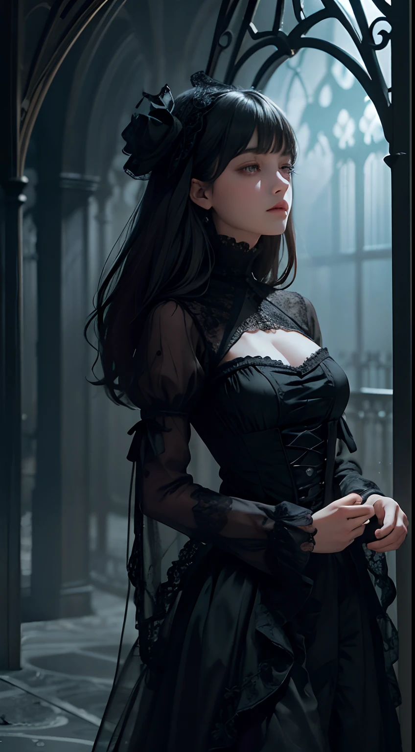 a dark-haired woman with an elegant, alluring expression, long eyelashes, full lips, and a mysterious gaze, wearing a low-cut black dress with intricate lace detailing, standing in a dimly lit, shadowy environment, (best quality,4k,8k,highres,masterpiece:1.2),ultra-detailed,(realistic,photorealistic,photo-realistic:1.37),chiaroscuro lighting, dramatic contrasts, moody atmosphere, dark fantasy, gothic, cinematic