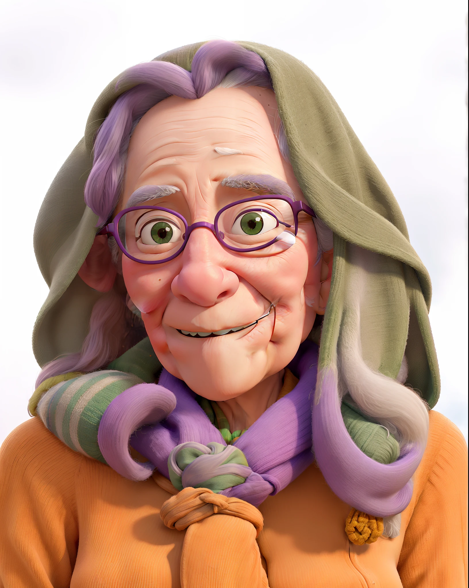 masterpiece, best quality, an old woman with glasses and a scarf on, wearing a purple coat and green scarf, standing at the park