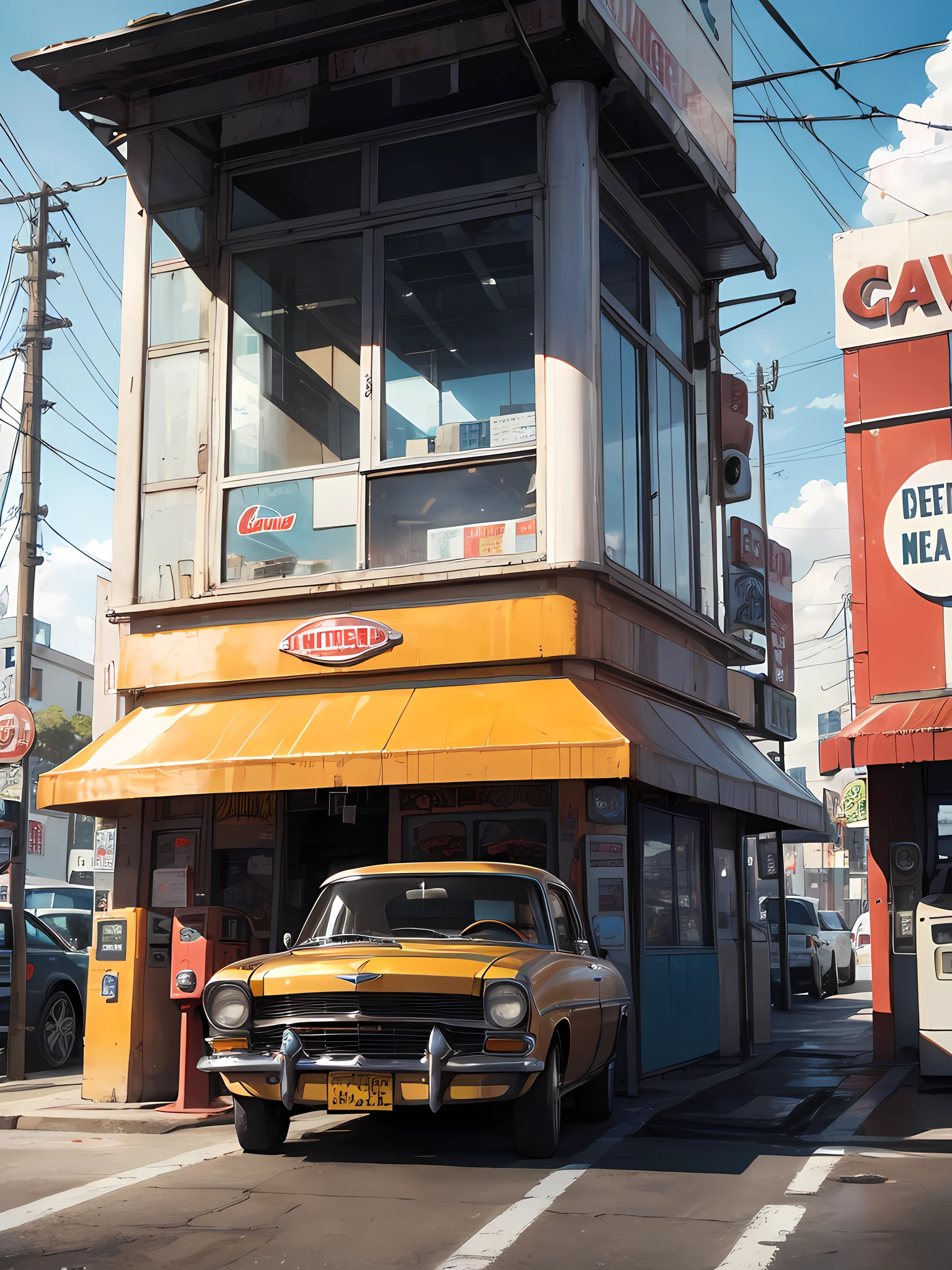 Close-up of a vintage car, parked in front of a gas station, Gasoline aesthetics, gas station, Lofi Feeling, absurdres, high res, ultrasharp, 8K, masterpiece