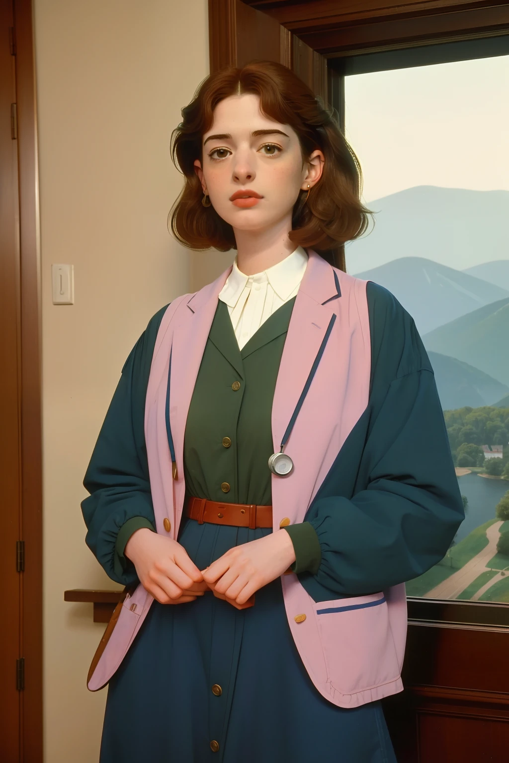 1995, massachusetts mountain village. Pre-raphaelite ((40-year-old)) Anne Hathaway, doctor, going to work, ((((casual Clothing from the 1990s)))) ((Hairstyle of the 1990s)), ((Wes Anderson cinematic style)), colorful