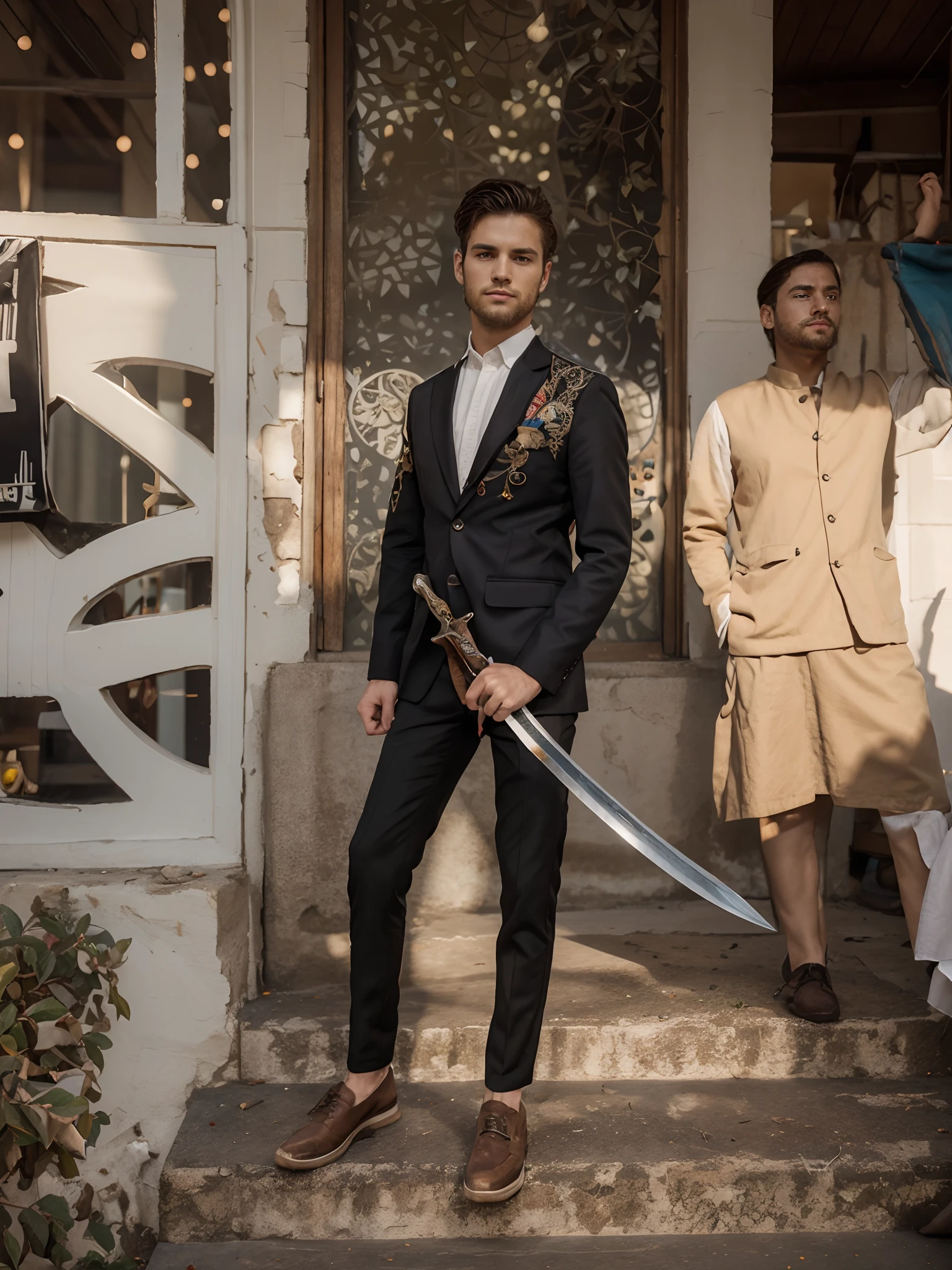 quality:1.2),sci-fi,detailed face, handsome boy realistic face, colorful tones, masterpiece, hand in sword