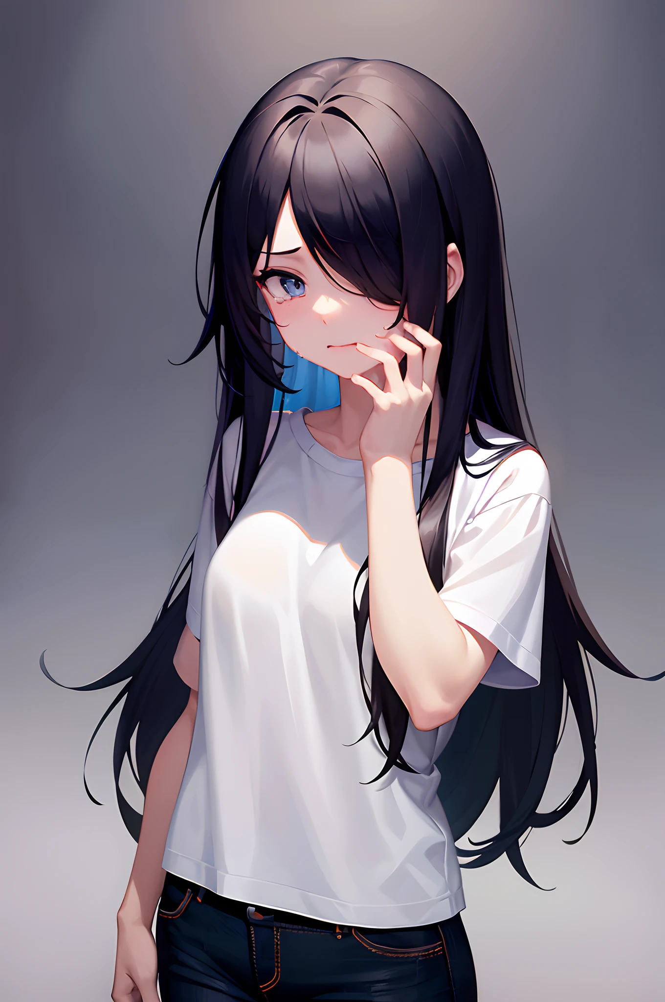 A girl stands in a classroom wearing a white t-shirt and long black denim pants. She has her hands on her face and has hair over one eye. Her hair is straight black and long. Her eyes are blue. She has a shaded face and a nervous expression with a complexion that makes it appear she has been crying, reddened face, blue eyes, black  pants, black hair, reddened face, crying, tears, tears in eyes