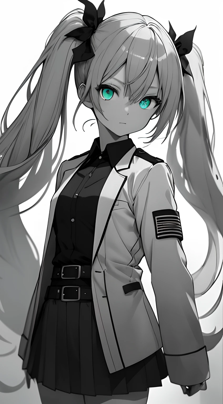 Full body, White one-piece military uniform, Jet black head of hair,(masutepiece:1.2, Best Quality), (finely detailed beautiful eye: 1.2), (beautifull detailed face), High contrast, (Best Illumination, extremely delicate and beautiful), ((Cinematic Light)), Dramatic light, Intricate details,Turquoise eyes, Shining eyes,Short stature, Undersized breasts、Belt under the chest、White military uniform, White skirt,Very dark gray hair, Black tie,  (Pale white background:1.5), Long twin tails fluttering in the wind,very long twintails, white  clothes,accurate hands