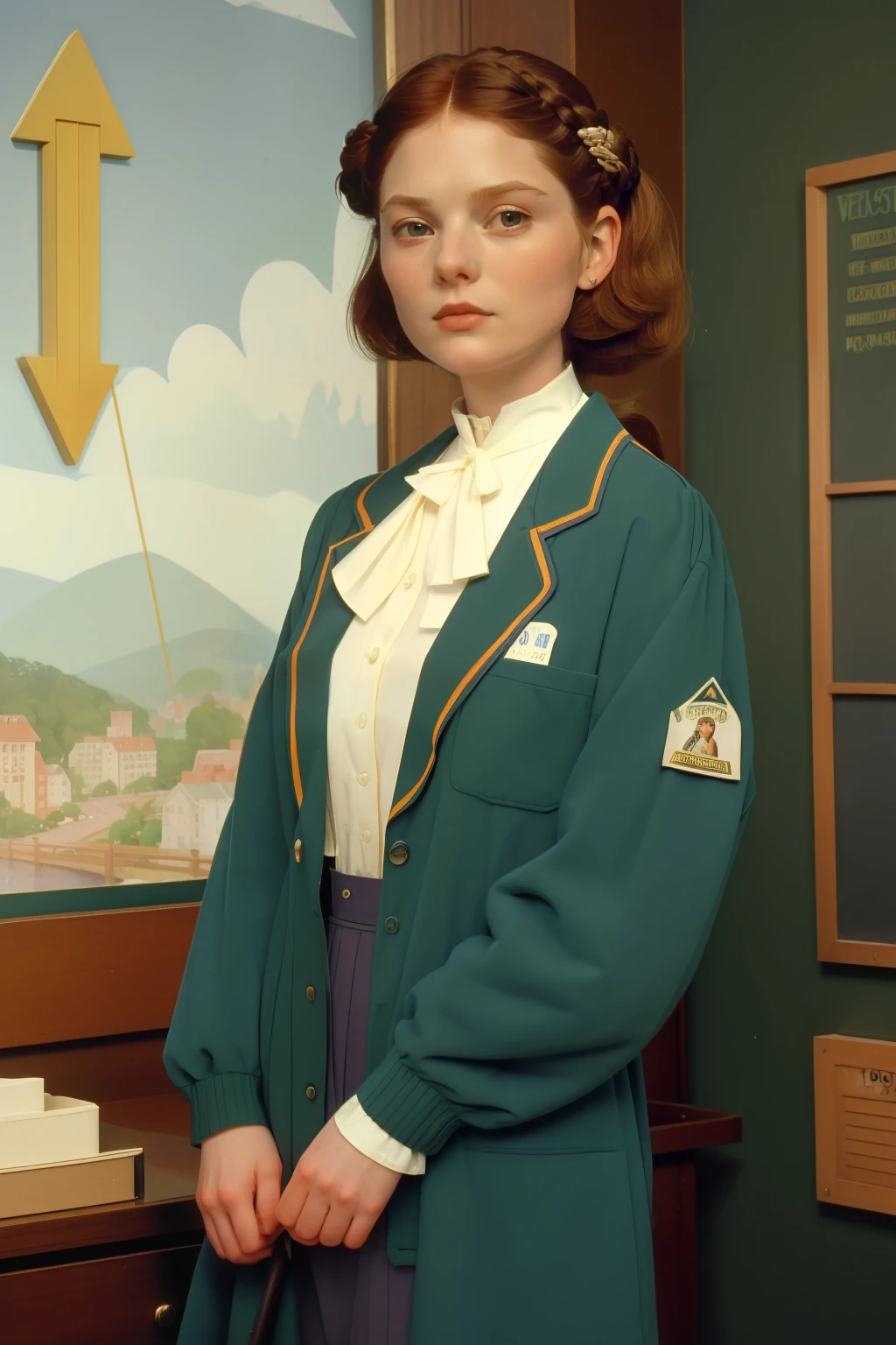 1995, massachusetts mountain village. Pre-raphaelite ((40-year-old)) Kirsten Dunst, doctor, going to work, ((((casual Clothing from the 1990s)))) ((Hairstyle of the 1990s)), ((Wes Anderson cinematic style)), colorful
