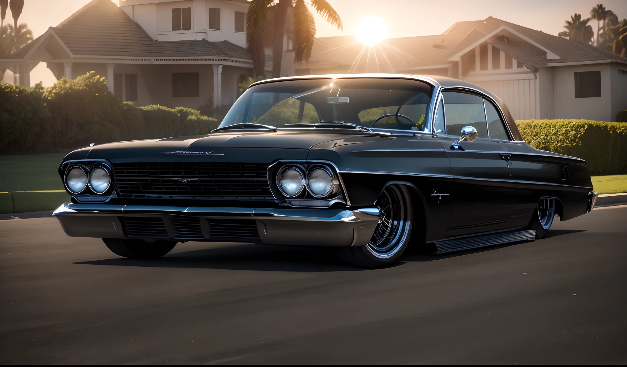 Imponente Preto Chevy IMpala 1962 Show Car, enormes rodas BBS, Ridiculously low posture parked near palm trees and beautiful mansion with oceanfront balconies with the sun shining and reflecting everywhere and on the yachts in the background in sunny California
