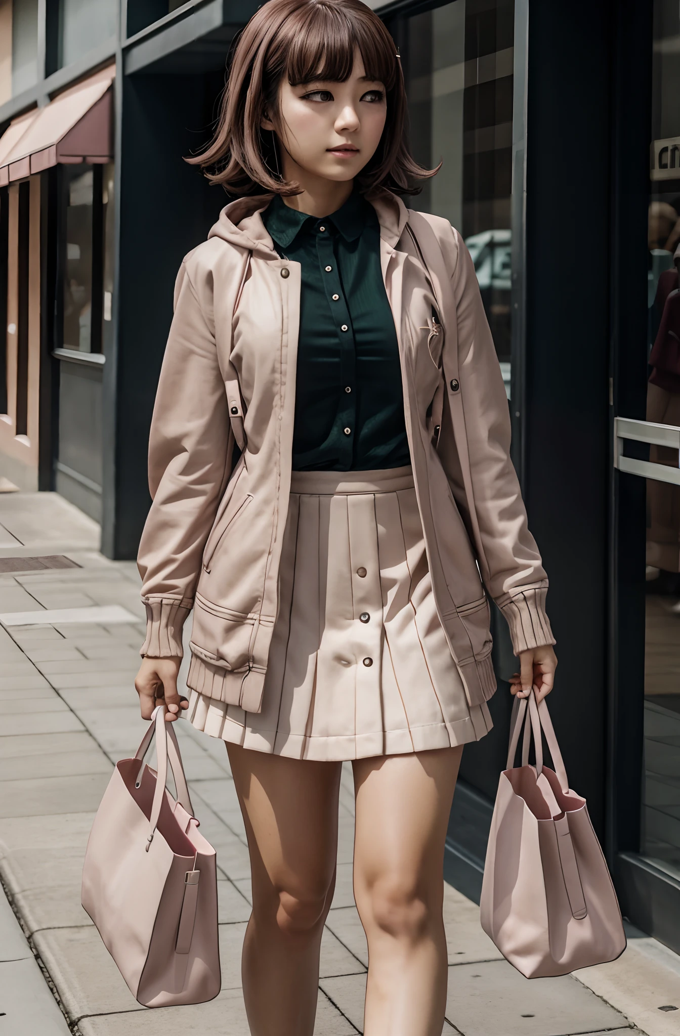 Chiaki nanami en un centro comercial con ropa informal, Pelo corto rosa, ojos rosados, flequillo, Chaqueta con capucha verde azulado, Falda beige, Horquilla, air particles, 20 yrs old girl, , Blusa verde oliva, vaqueros, high-heeled shoes, bolso de mano rosa, senos medianos, Abrigo beige,Chiaki Nanami, Nanami Chiaki