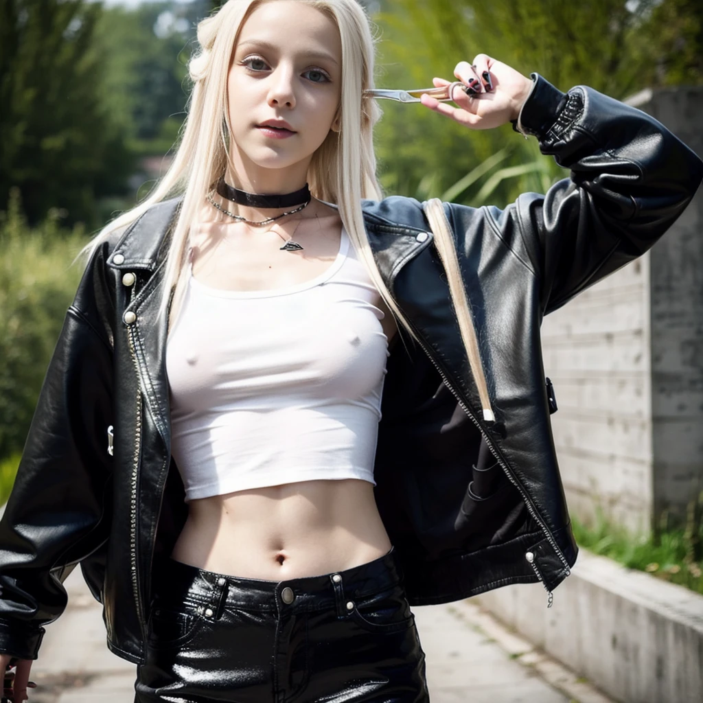 Blonde Young Drug Addict, Thin Dreadlocks, , Excited gaze, Pale, thin figure, Skinny, Choker, Leather Short Tapered Jacket Shiny, leather pants, wet t-shirt, Beautiful breasts under a t-shirt,Lots of knives