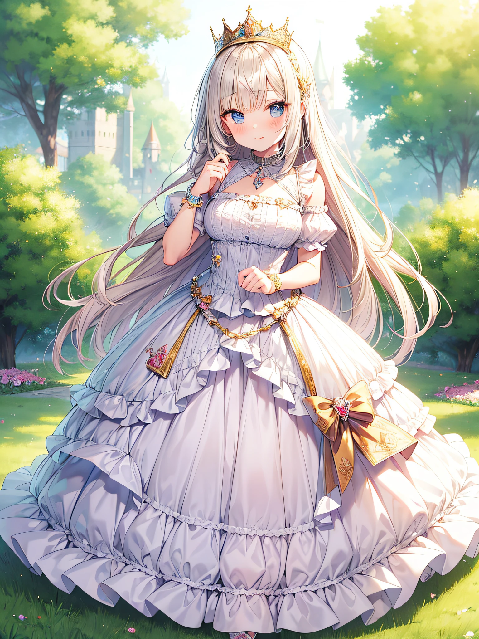 anime artstyle,Masterpiece,(Best Quality), (Super Detail),(Very Delicate and Beautiful),(Solo),((full body portrait)),full body,full body portrait,(detailed face and eyes),jewel-like beautiful eyes,((1 princess in a beautiful embroidery and jeweled frilled chiffon dress with jeweled voluminous full length hoop skirt)),((fantasy castle,outdoors,outside the castle)),full body portrait