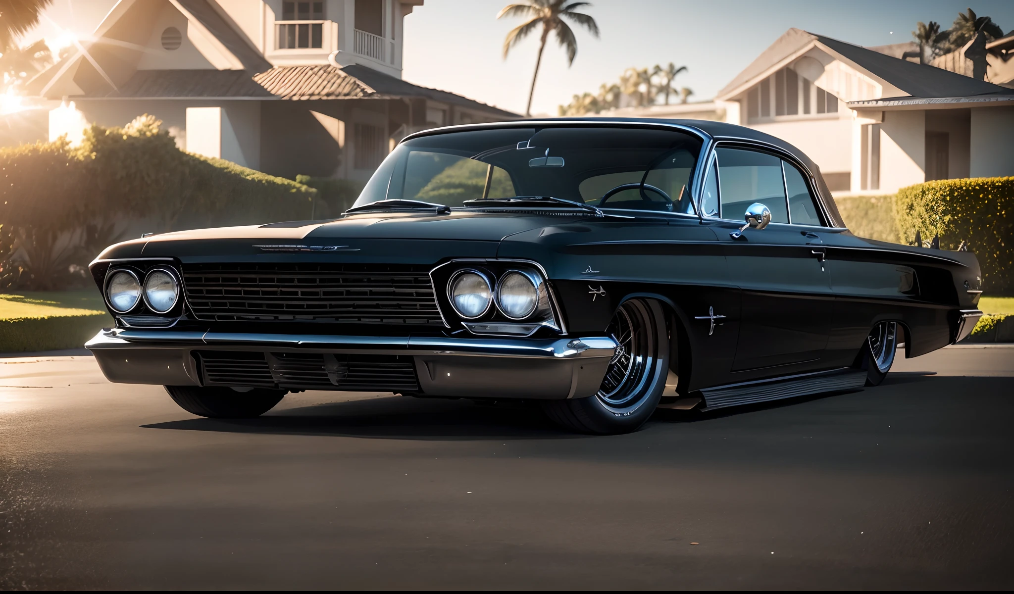 Imponente Preto Chevy IMpala 1962 Show Car, enormes rodas BBS, Ridiculously low posture parked near palm trees and beautiful mansion with oceanfront balconies with the sun shining and reflecting everywhere and on the yachts in the background in sunny California