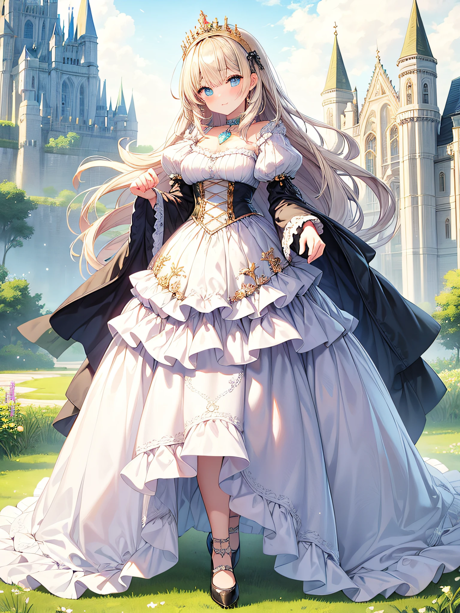 anime artstyle,Masterpiece,(Best Quality), (Super Detail),(Very Delicate and Beautiful),(Solo),((full body portrait)),full body,full body portrait,(detailed face and eyes),jewel-like beautiful eyes,((1 princess in a beautiful embroidery and jeweled frilled chiffon dress with jeweled voluminous full length hoop skirt)),((fantasy castle,outdoors,outside the castle)),full body portrait