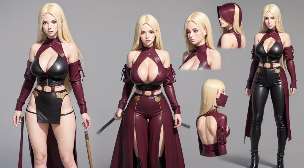 Female original character reference sheet adoptable((30year old)), hair((straight, blonde)), eyes((black)), clothes((fencing clothes,maroon)), gigantic boobs, large breast,
