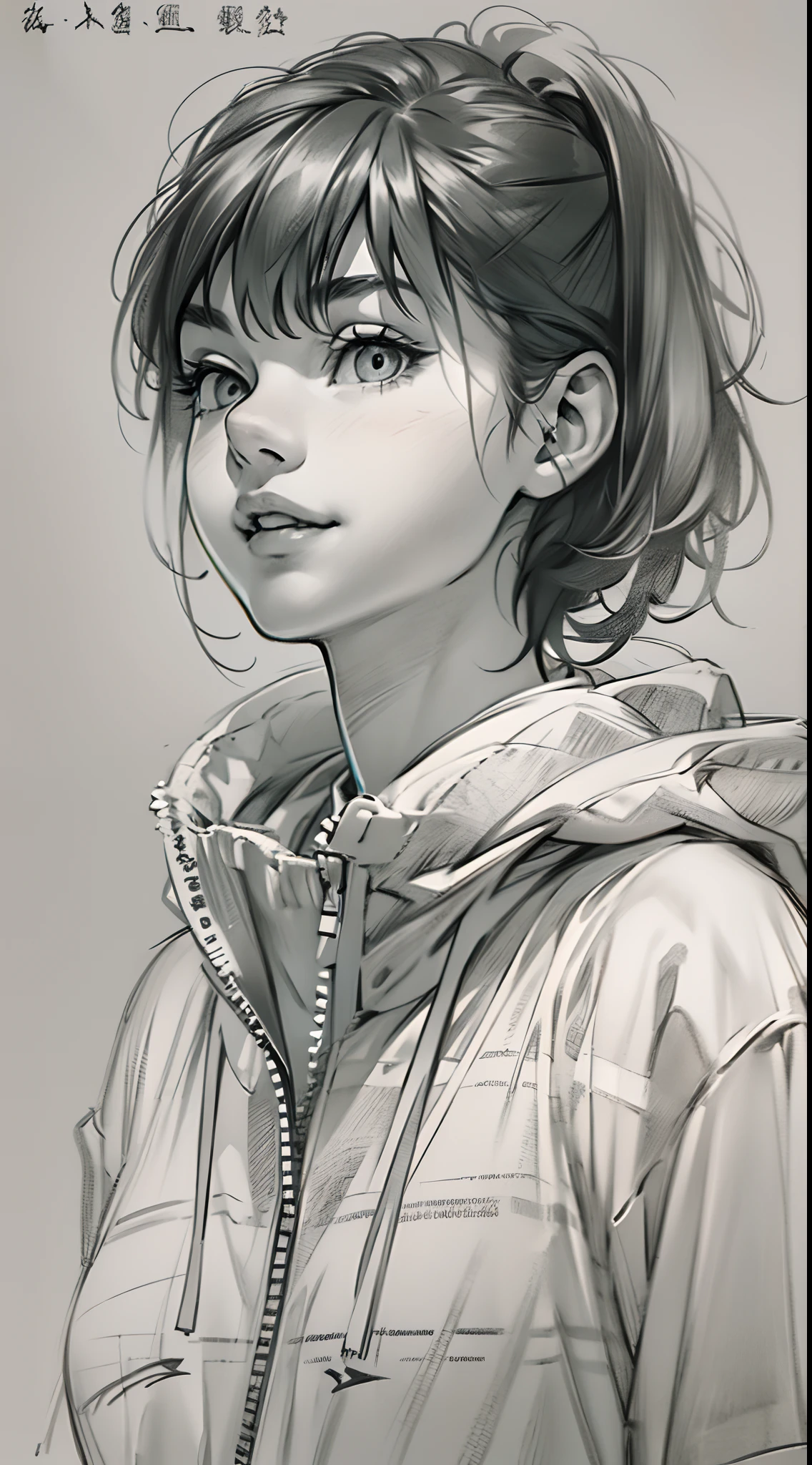 Sketch reinforcement，pencil drawing，Intensify pencil strokes，portrait of teenage girl，short detailed hair，ssmile，sporty attire，Black and white picture，Black and white art，Black and white illustration，super-fine，Hair is carefully described，The eyes are carefully depicted，best qualtiy，8K分辨率