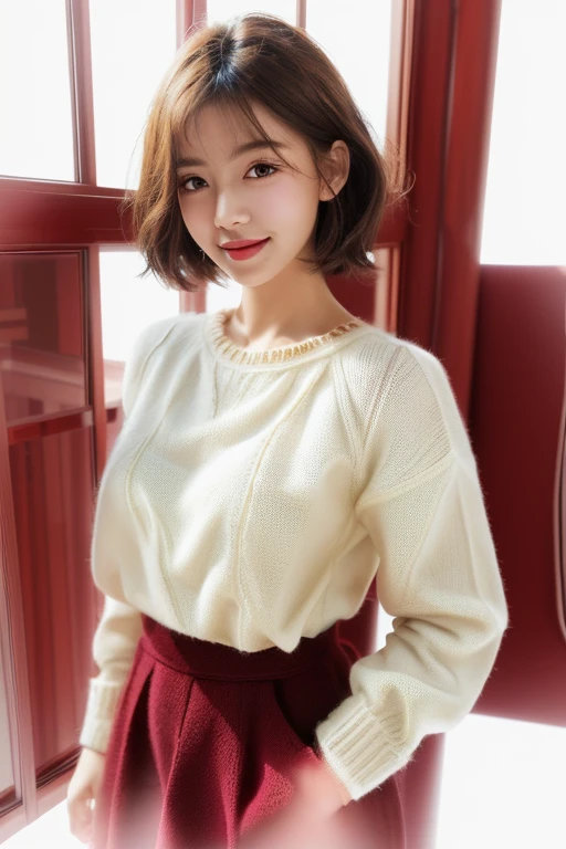 1girl in,Knit burgundy sweater,White background,Lifelike face、Longhaire、Realistic hair quality、brawn hair、detaileds、masuter piece、realistic skin textures、bangss、ssmile