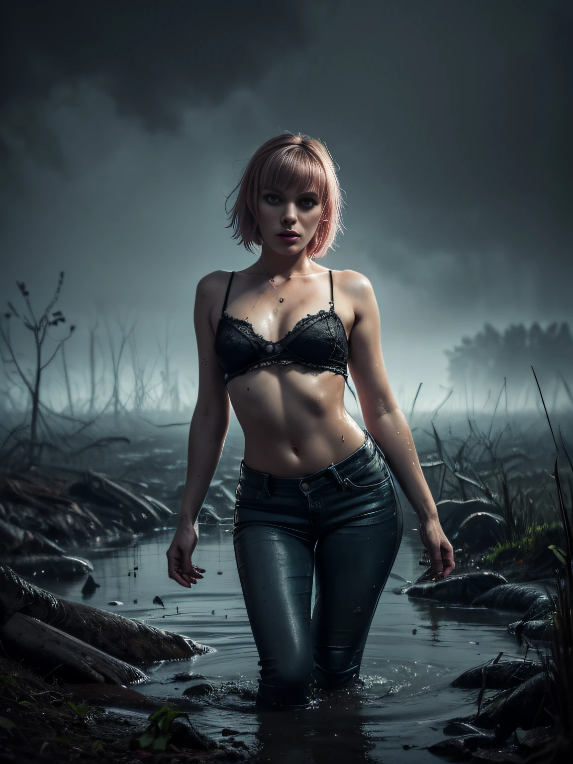 (Best Quality,hight resolution,Masterpiece:1.2),Ultra-detailed,The woman,Wearing flared jeans,sickly,drowning in a swamp,Standing knee-deep in a swamp,gloomy ecstasy,fetish,dark gloomy atmosphere,gritty texture,Retro-atmosphere,warped reality,melancholic expression on his face,mysterious aura,foggy atmosphere,foggy background,Subtle color palette,provocative pose,Strong emotions,Coming Out of the Depths of Despair,Piercing gaze,intense shadows,Plunged in Darkness,Rugged terrain,ominous vibe,A supernatural sensation,Loss of Place in Time and Space,Eerie silence.asymmetrical bangs, freckles, pink short hair, Bangs, freckles, gray eyes,