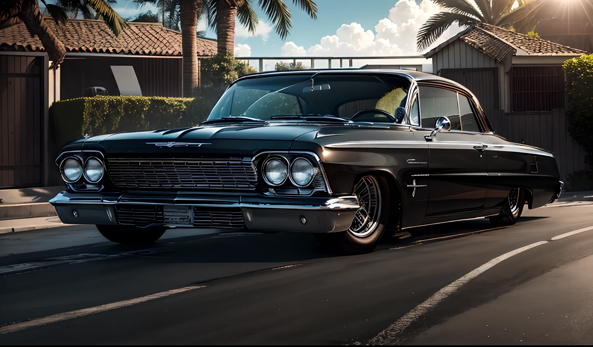 Imponente Preto Chevy IMpala 1962 carro show, enormes rodas BBS, Ridiculously low posture parked near palm trees and beautiful mansion with oceanfront balconies with the sun shining and reflecting everywhere and on the yachts in the background in sunny California