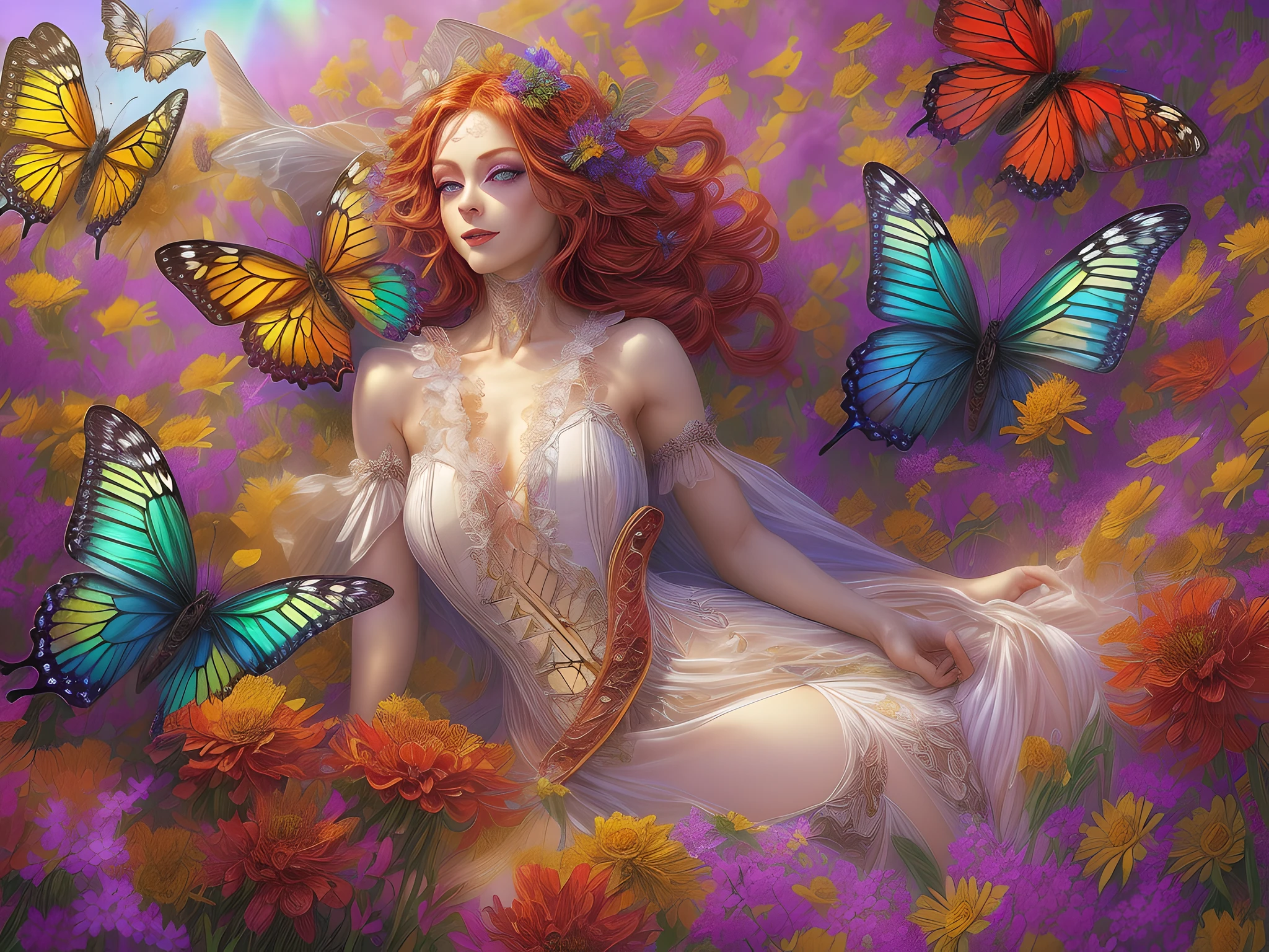 fantasy art, RPG art, picture of a  (butterfly anthromorphic: 1.5  resting in a rainbow colored flower meadow, full body, an exquisite beautiful (ultra detailed, Masterpiece, best quality: 1.4) butterfly anthromorphic: 1.5, dynamic angle (best detailed, Masterpiece, best quality), best detailed face (best detailed, Masterpiece, best quality: 1.5), ultra feminine (best detailed, Masterpiece, best quality), (white butterfly wings: 1.3)  butterfly_wings, red hair, long hair, braided hair, dynamic eyes color, (wearing latex corset: 1.4), red corset, (black high heeled boots: 1.4), resting in (rainbow colored flower meadow: 1.6), full colored, (perfect spectrum: 1.3),( vibrant work: 1.4) vibrant shades of red, orange, yellow, green, blue, indigo, violet  day light, sun rising,  high details, fantasy art, RPG art best quality, 16k, [ultra detailed], masterpiece, best quality, (ultra detailed), full body, ultra wide shot, photorealistic,