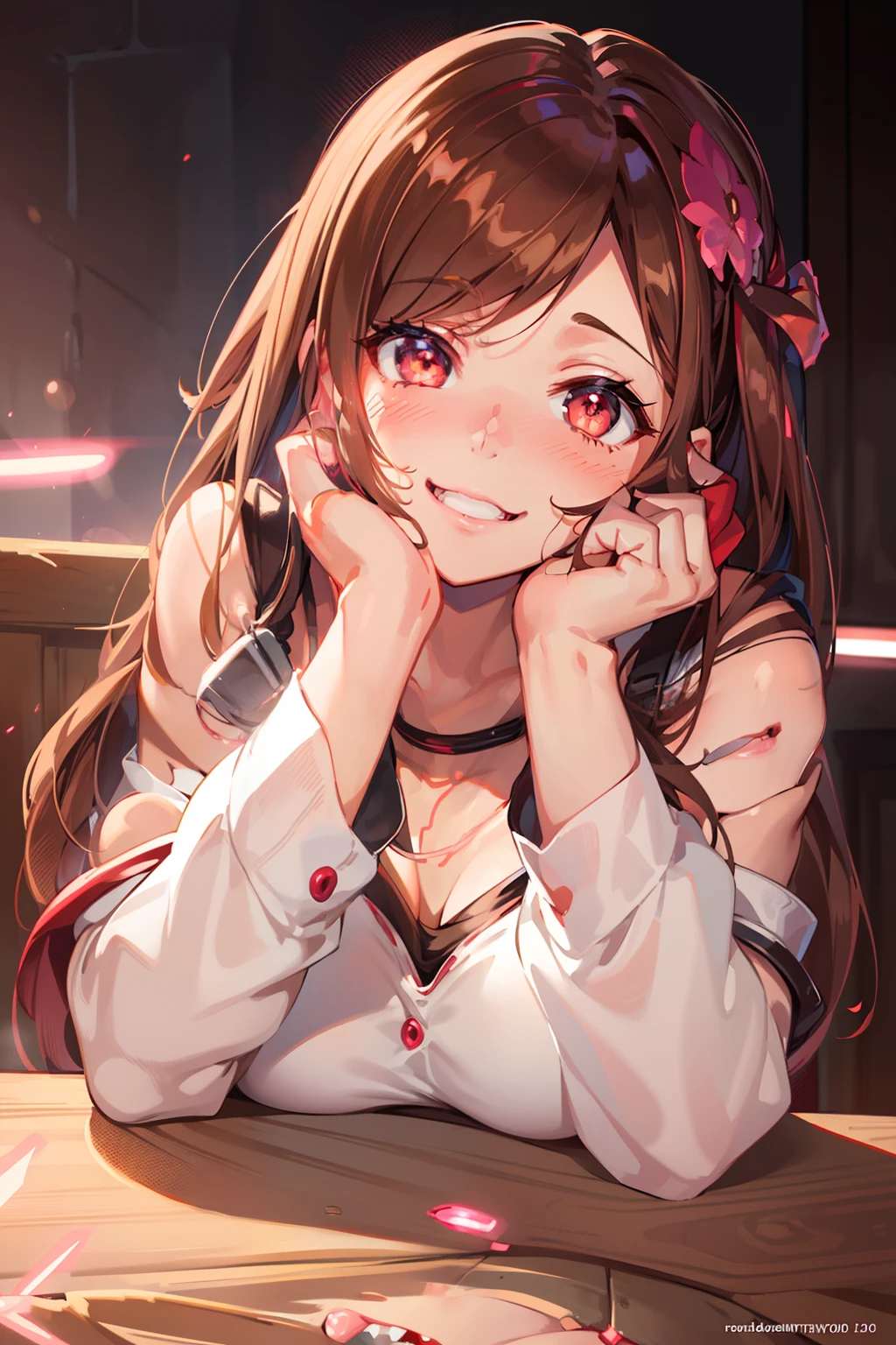 Smile, blush, cleavage, under boobs from below, stepping on screen ,brown hair, red eyes, red fingerless gloves, white tank top, glowing aura, natural light, masterpiece, Tifa Lockhart, glossy skin, juicy lips , smiling, anda on face, evil, small pupils, manipulative, heavy blush, steam