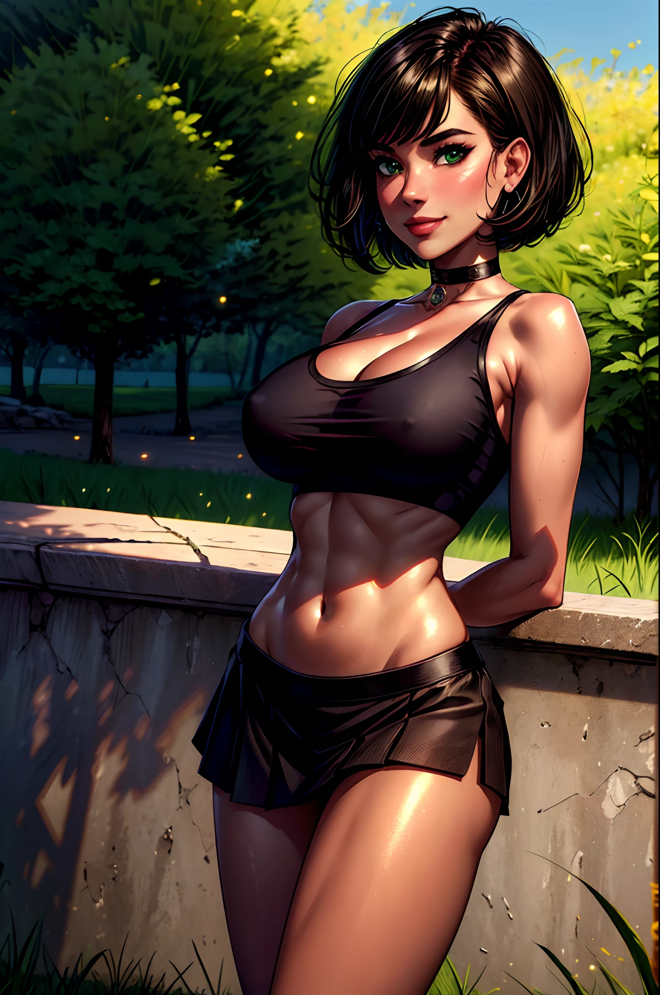 ((Masterpiece)), ((Best Quality)), ((highres)), ((UHD)), ((absurdres)), (1 girl), ((super detail)), ((exquisite detail)), dramatic lighting, blushing, smile, green eyes, bob cut, bangs, black hair, short hair, choker, crop top, (black tank top), (black pleated mini skirt), gorgeous girl, huge breasts, cleavage, gorgeous body, glossy skin, vivid colors, full body view, ((sharp focus)), outdoors, standing up, green grass field, feminine, shy, ((anatomically correct)), ((award winning)), ((arms behind back)), navel