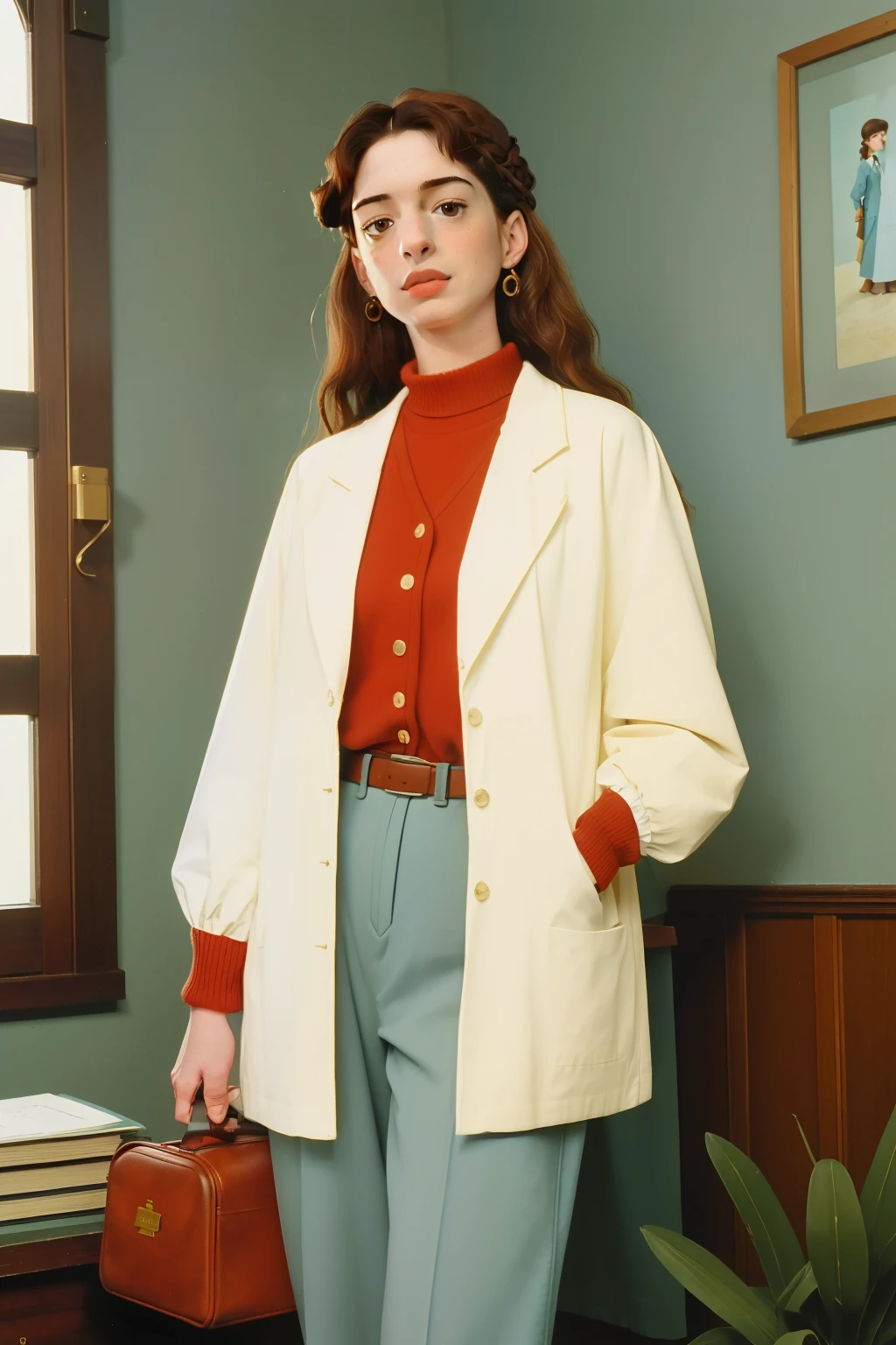 1995, massachusetts mountain village. Pre-raphaelite ((((40-year-old)) Anne Hathaway)), doctor, going to work, ((((casual Clothing from the 1990s)))) ((Hairstyle of the 1990s)), ((Wes Anderson cinematic style)), colorful