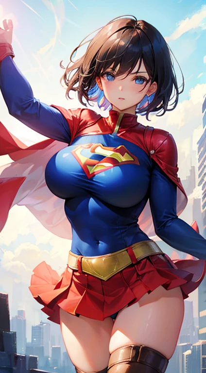 Beautiful woman short hair defined body big breasts, big thighs wearing a Supergirl cosplay, well designed eyes