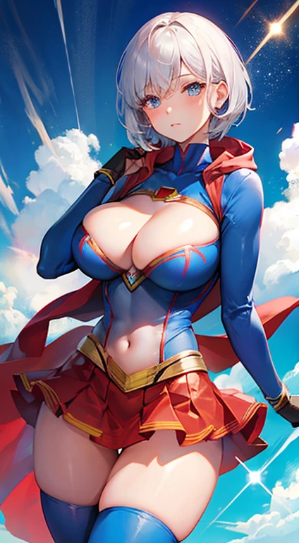 Beautiful woman short hair defined body big breasts, big thighs wearing a Supergirl cosplay, well designed eyes