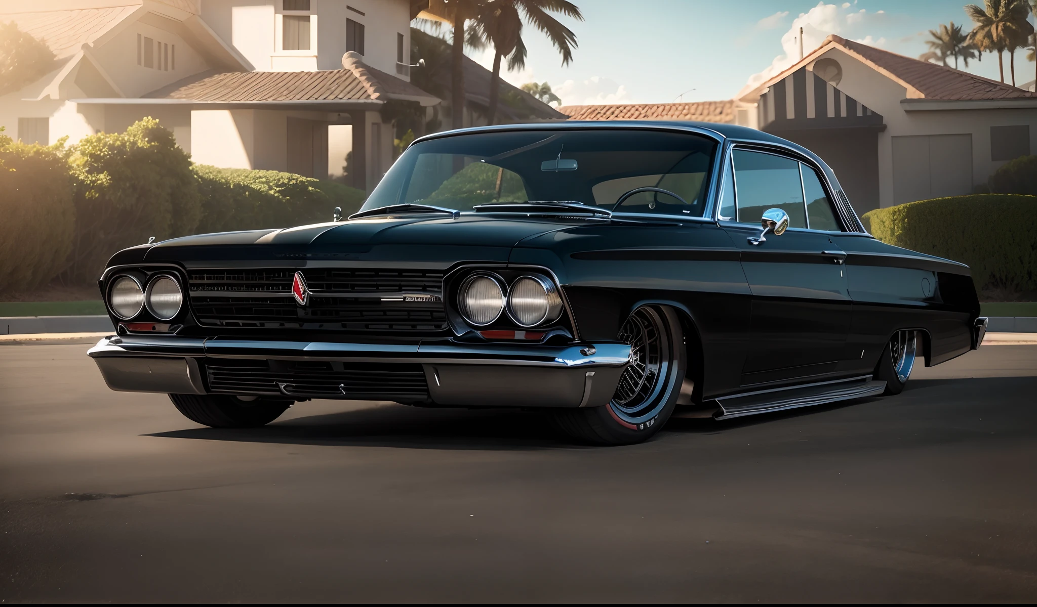 Imponente Preto Pontiac 1965 Show Car, enormes rodas BBS, Ridiculously low posture parked near palm trees and beautiful mansions with oceanfront balconies with the sun shining and reflecting everywhere and on the yachts in the background in sunny California