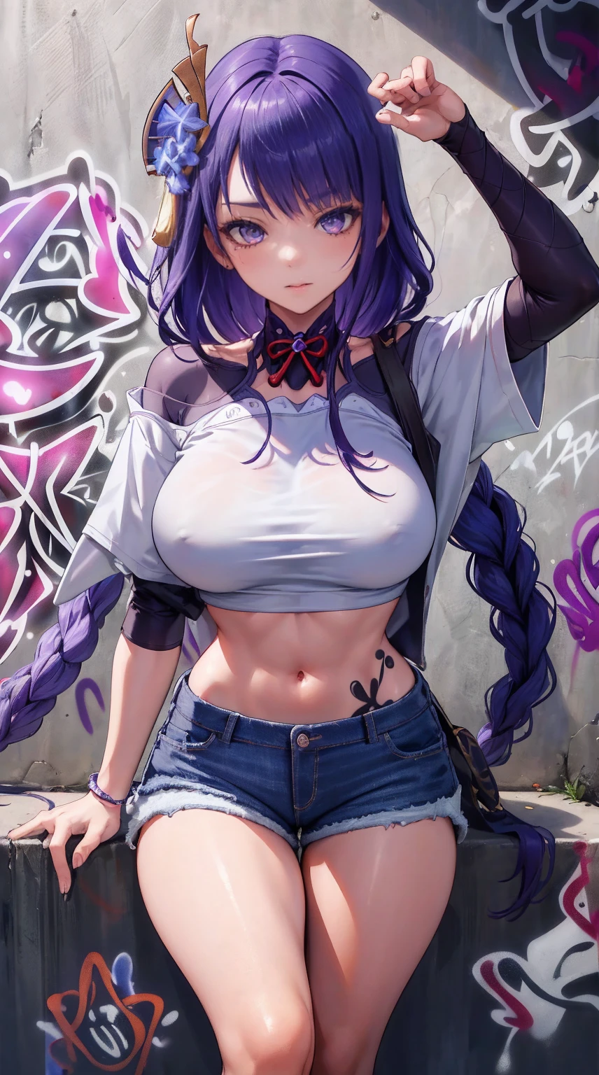 Raiden Shogun Genshin Effects Effects, master-piece, bestquality, 1girls, bara, crop top, Long Jean Jan Shirt, shorts jeans, choker, (Graffiti:1.5), color splashes, arm behind back, against wall, looking at the audience, bracelet, Thigh strap, Head tilt, bored, multicolored hair, water eyes, headset, sexy, pretty
