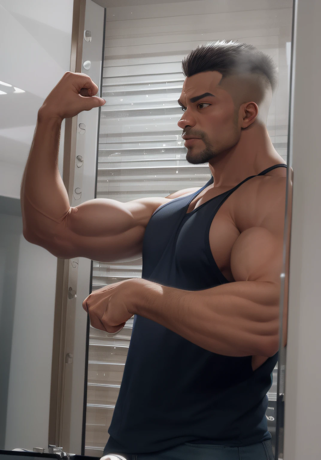 There is a man who is standing in front of a mirror, Big biceps, showing off biceps, Flexionando, magro, mas musculoso, flexing large muscles, large muscles, big arms, Posar e flexionar, bastante musculoso, extremely muscular, very muscular, magro e musculoso, musculoso!!!, huge muscles, showing off his muscles, Muscular construction, strong arms, bursting with muscles