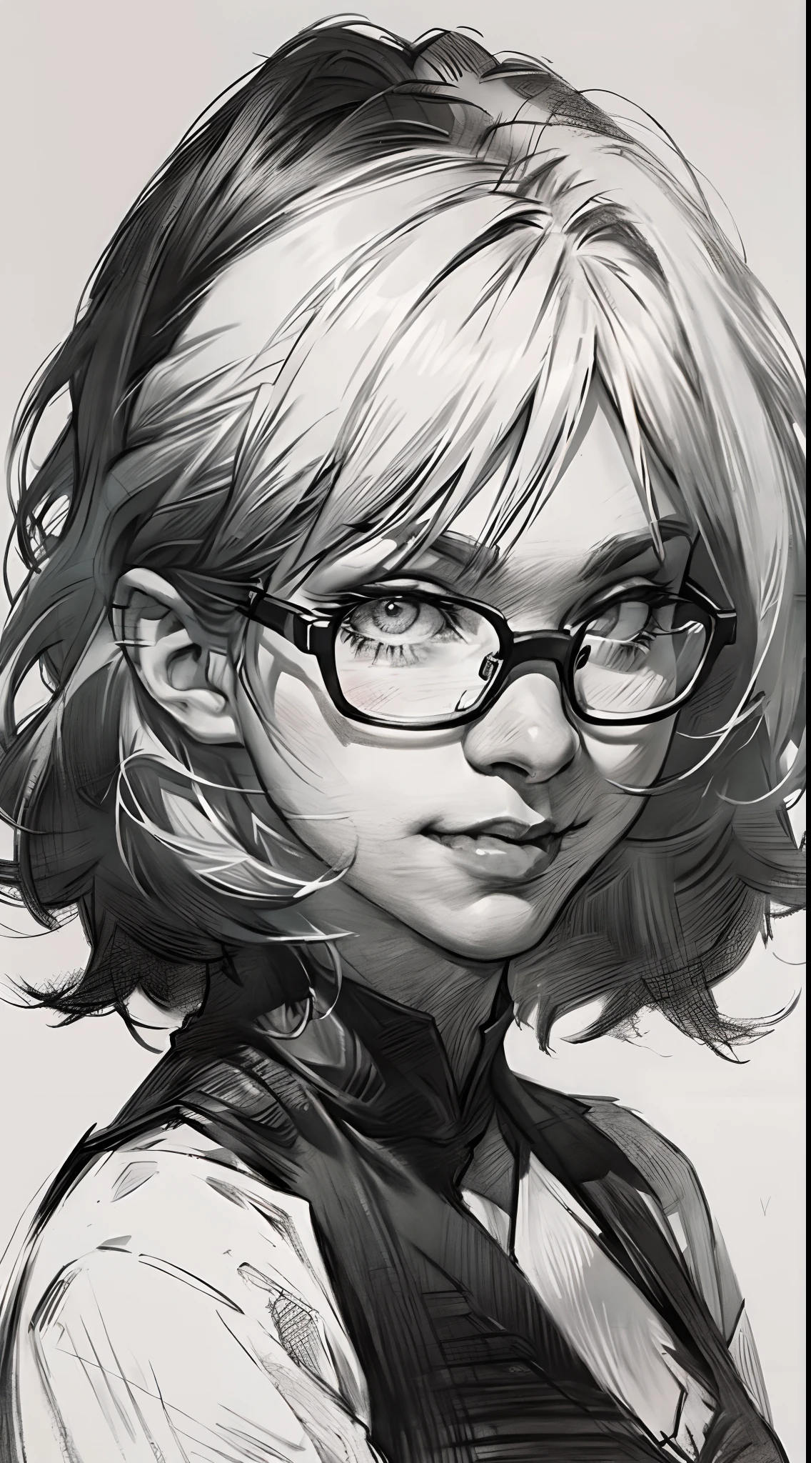 sketching，pencil drawing，Intensify pencil strokes，Portrait of a young woman，short detailed hair，ssmile，Professional Dress，eye glass，Black and white picture，Black and white art，Black and white illustration，super-fine，Hair is carefully described，The eyes are carefully depicted，best qualtiy，8K分辨率